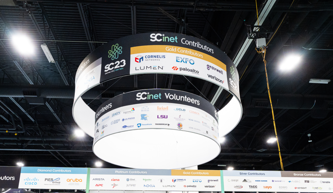 Contributor logos as seen in the air during a conference